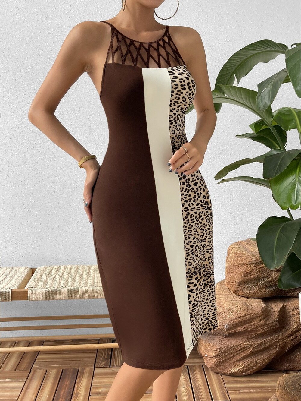 Women’s Brown & Cream Panel Leopard Print Midi Dress